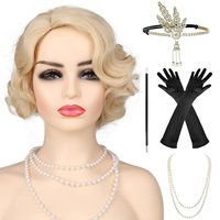 Ensemble de costume Flapper des années 1920, style Great Gatsby, avec perruque bob noire à ondulations fines, accessoires vintage pour femme avec feuilles et strass, kit rétro