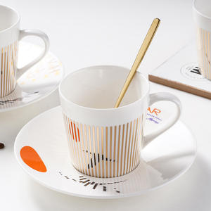 Juego de tazas de cerámica con logotipo personalizado, <span class=keywords><strong>taza</strong></span> de café de diseño Retro de 201-300ml con platillo, sin BPA para regalo, cafetería en casa - Product Image 3