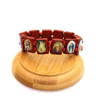 Bracelet personnalisable en bois extensible avec breloque catholique, design croix plaqué argent antique, perles de chapelet colorées