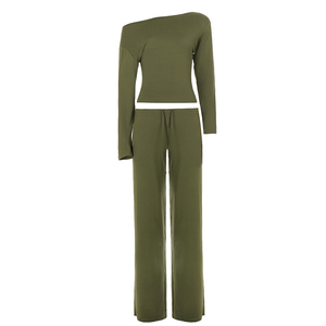 Women's Off Shoulder Long Sleeve Lounge Set Soft Stretch Two Piece Outfit Casual Drawstring Wide Leg Pants Matching Set - Product Image 6