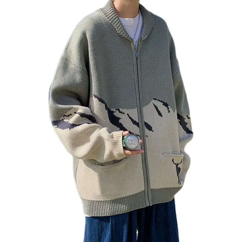 Men's Sweater Japanese Style Cardigan Color Blocking Trend Loose Lapel Collar Knitted Sweater Streetwear Zipper Jacket