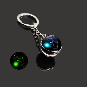 Crystal Glass Bead Zinc Alloy Framed Double-Sided Glow Dark Zodiac Ball Personalized Charms Keychain for Girl Gifts Bags