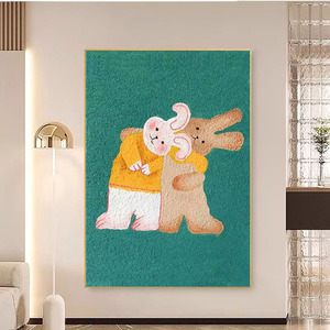 Rabbit Themed Childrens Room Decorative Painting Hand Painted Oil Painting Green <b>Frame</b> Modern Minimalist <b>Wall</b> Art For Hallway - Product Image 2