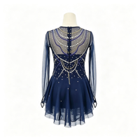 Robe de patinage bleu marine en maille transparente à manches longues avec motif chaîne en strass pour enfants et adultes, idéale pour les compétitions et les spectacles