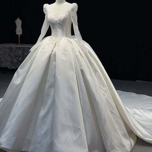 Hz005 Elegant Ivory Plunge Illusion Floral Lace Long Sleeve Puff Shoulder Satin Ball Gown <b>Wedding</b> Dress Jancember - Product Image 1
