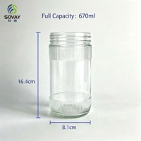 Stoples Kaca Tinggi Bergaris 600ml, Wadah Kosong Berpenutup Ulir untuk Penyimpanan Buah Kering di Dapur Rumah Tangga