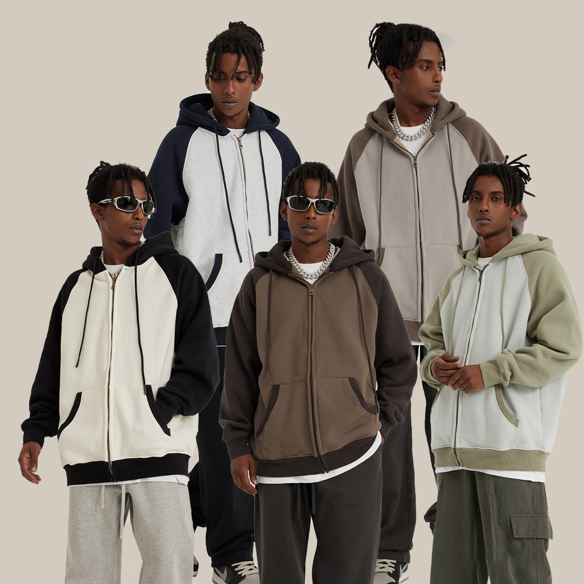 Manufacturer Supply Custom 400g Color Block Zip up Fleece Lined Premium Hoodies for Men for Women