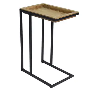 Mesa de madeira dobrável, bandeja para sofá de madeira e metal em forma de c mesa