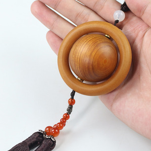 Cypress Wooden Lucky <b>Bead</b> Pendant With Tassels And <b>Red</b> <b>Beads</b> For Car Rearview Mirror Or Home Decoration 40Mm Diameter - Product Image 2