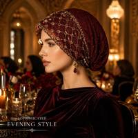 Turban de luxe pour fête à Dubaï, en tissu plissé double couche avec broderie florale dorée et perles en strass