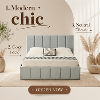 Tempat Tidur Berlapis Kain Desain Modern Elegan, Alur Dalam, Lembut Seperti Kulit, Dilengkapi Tombol Penyimpanan, Ukuran Single dan Queen, Sistem Pengangkat Gas