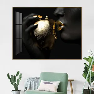 Pittura su tela decorazione per la casa Donna africana nera con labbra dorate e Golden Apple Art ritratto