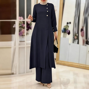 Conjunto de dos piezas elegante <span class=keywords><strong>y</strong></span> moderno de camisas largas de color sólido Pantalones de pierna ancha <span class=keywords><strong>para</strong></span> mujeres musulmanas indonesias de talla grande en stock - Product Image 3
