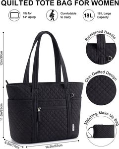 Custom Diamond Quilted 100% Cotton Women's Tote <b>Bag</b> Lightweight Travel Zipper Closure 40oz Cup Holder 14" Laptop Compartment - Product Image 4
