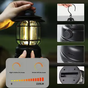 Camping-Laterne, über USB wiederaufladbar, batteriebetrieben, Retro-Camping-Licht, wasserdicht, zum Aufhängen, LED-Zeltlampe für Wandern, Angeln - Product Image 4