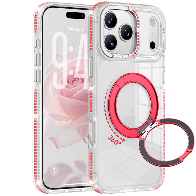 Luxury Glitter Phone Case for iPhone 17 Pro Max 16 Magnetic Wireless Charging Cover 360 Rotatable Ring Stand Sparkle Rhinestone