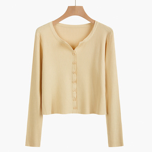 Maglione con scollo a v in <span class=keywords><strong>seta</strong></span> di ghiaccio da <span class=keywords><strong>donna</strong></span> primavera e autunno nuovo Cardigan a maniche lunghe in tinta unita - Product Image 1