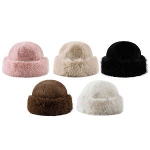Chapeau bob d'hiver style coréen, décontracté et chaud, en fausse fourrure de vison, couleur unie, en tissu pelucheux - Product Image 1