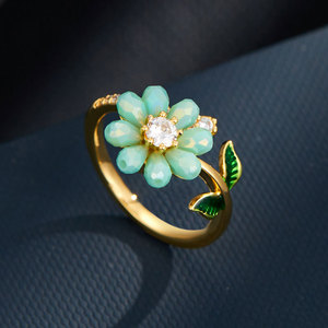 Flower Shaped <b>Adjustable</b> <b>Ring</b> For Women Gold Plated With Green Enamel And Diamond Accents Micro Pave Design Gift Jewelry - Product Image 4