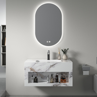 Ensemble de meubles-lavabos muraux modernes en pierre frittée de 140 cm avec évier, égouttoir et lampe à induction intégrée pour salle de bain - Vente en gros