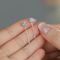 Romantische S925 Silber Blaue Emaille Zirkon Blumen Durchzieher-Ohrringe 925 Sterling Silber Lange Ketten-Ohrringe