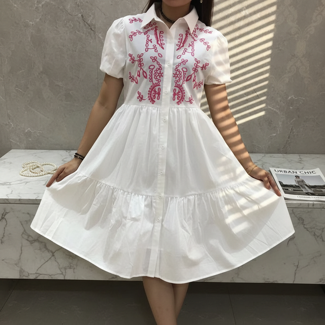 High Fashion Custom Women's Floral 100% Cotton Midi Puff Sleeve Shirt Dress Romantic Elegant Casual
