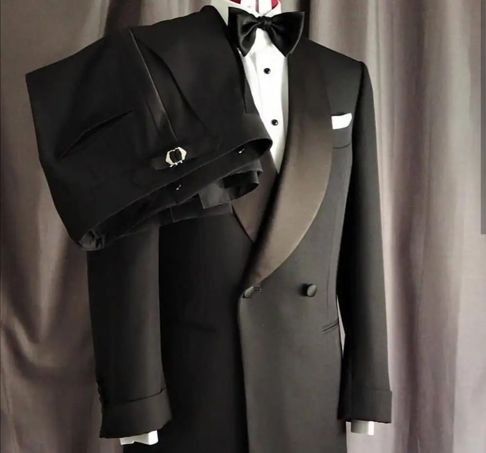 Son moda siyah kruvaze erkek düğün Slim Fit takımları damat resmi balo parti smokin