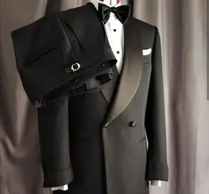 最新时尚黑色双排扣男士婚礼修身适合新郎正式舞会派对燕尾服
