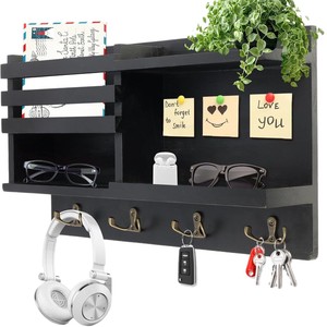 Porta Llaves de Pared de Madera Maciza, Organizador de Cartas, Rectangular Negro Quemado, Estante de Almacenamiento Multiusos para el Hogar - Product Image 2