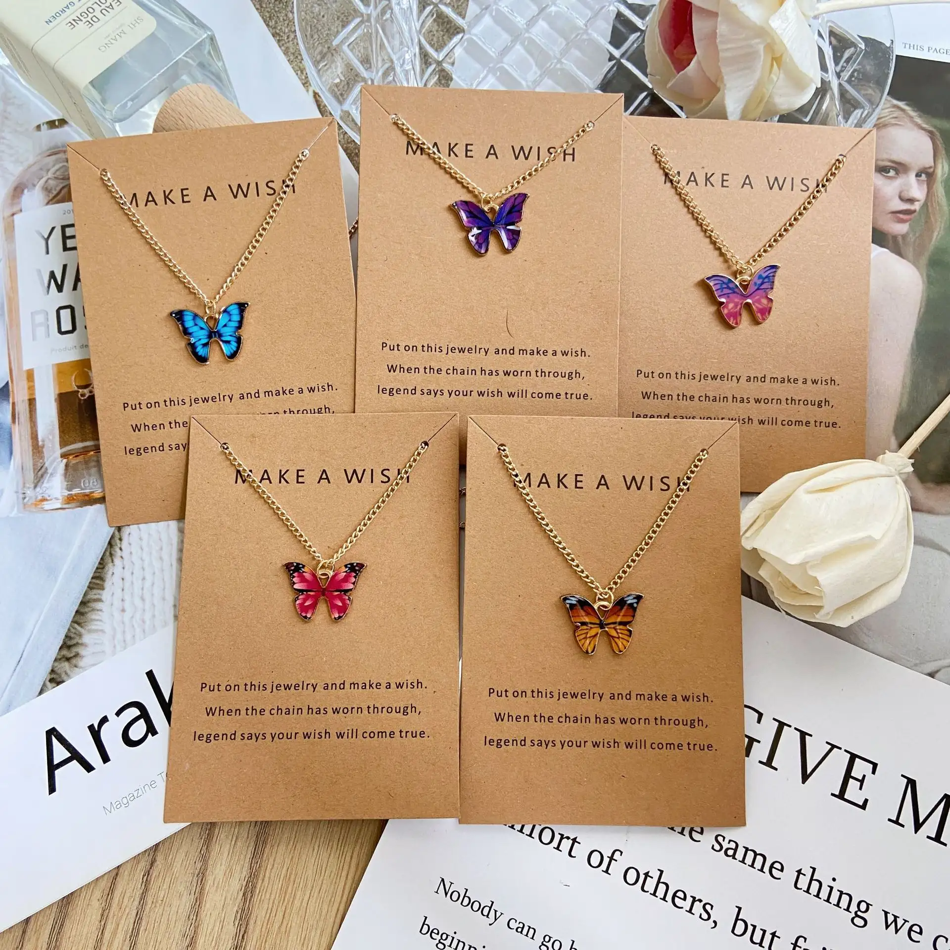 Hot Sale Bohemian Colorful Enamel Butterflies Pendant Make a Wish Butterfly Necklace