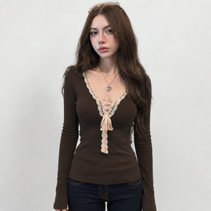 T-shirt décontracté pour femme à col en V, avec dentelle, tricoté, manches longues, à nouer devant, extensible et ajusté, idéal pour l'automne et le quotidien - Product Image 1