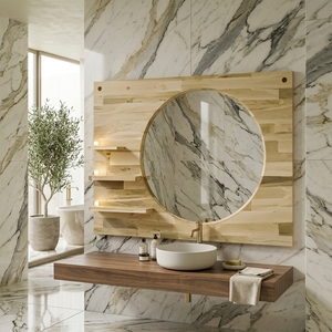 Modern Wooden <b>Wall</b> <b>Mirror</b> Panel with Circular <b>Mirror</b> & Integrated Floating Ledge Shelves - Product Image 4