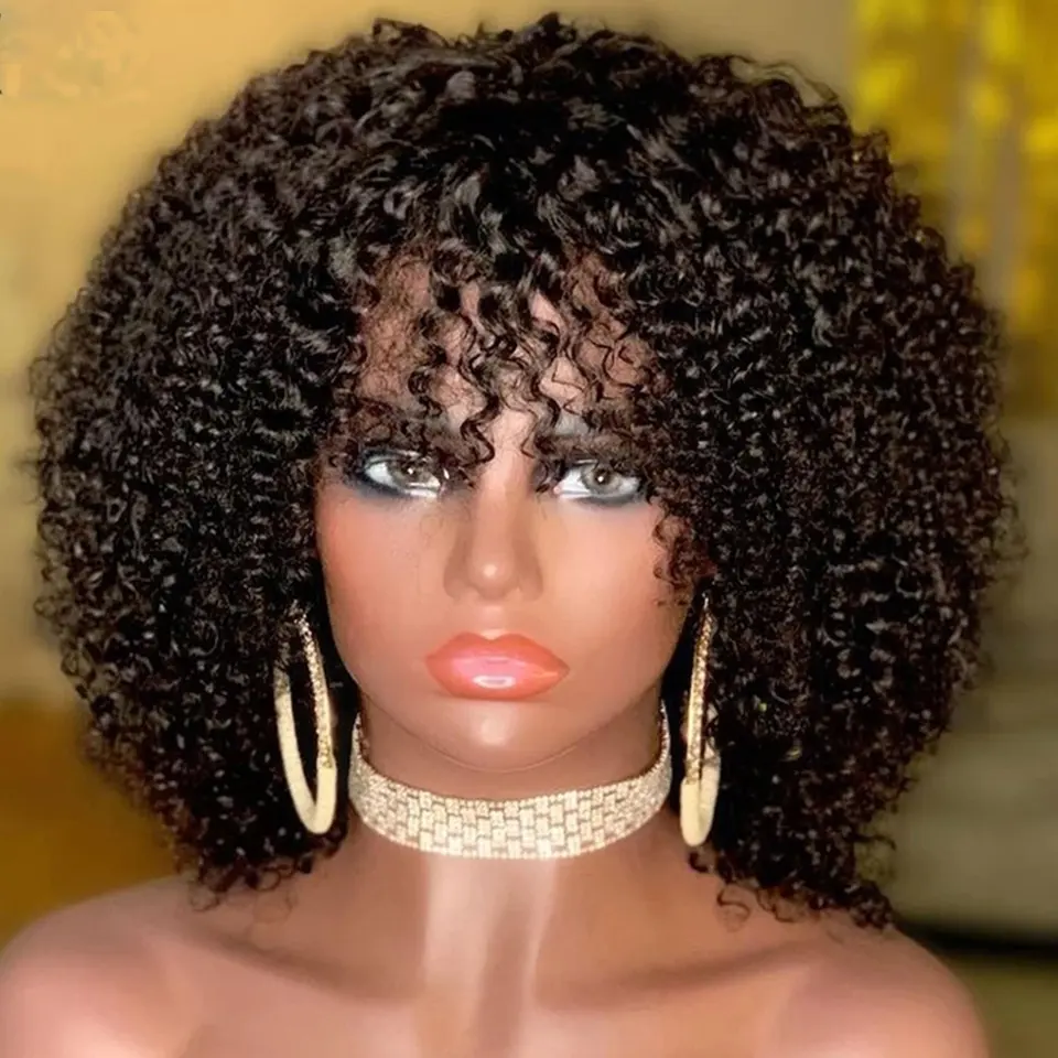 Kinky Curly Glueless Wig Short Fringe Wigs Whit Bangs Virgin Human Hair 100 Brazilian Machine Made Bob Wigs For African American