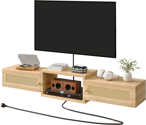 Mobile <span class=keywords><strong>TV</strong></span> Sospeso in Rattan con Vano Portaoggetti e Prese Elettriche, Console Multimediale per <span class=keywords><strong>TV</strong></span> da 55 Pollici, Soggiorno e Camera da Letto - Product Image 1