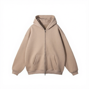Men's Beige Hooded Zip-Up Sweatshirt Solid Color Fleece Casual Oversized Fit Pocket Design Autumn Wear - Product Image 1