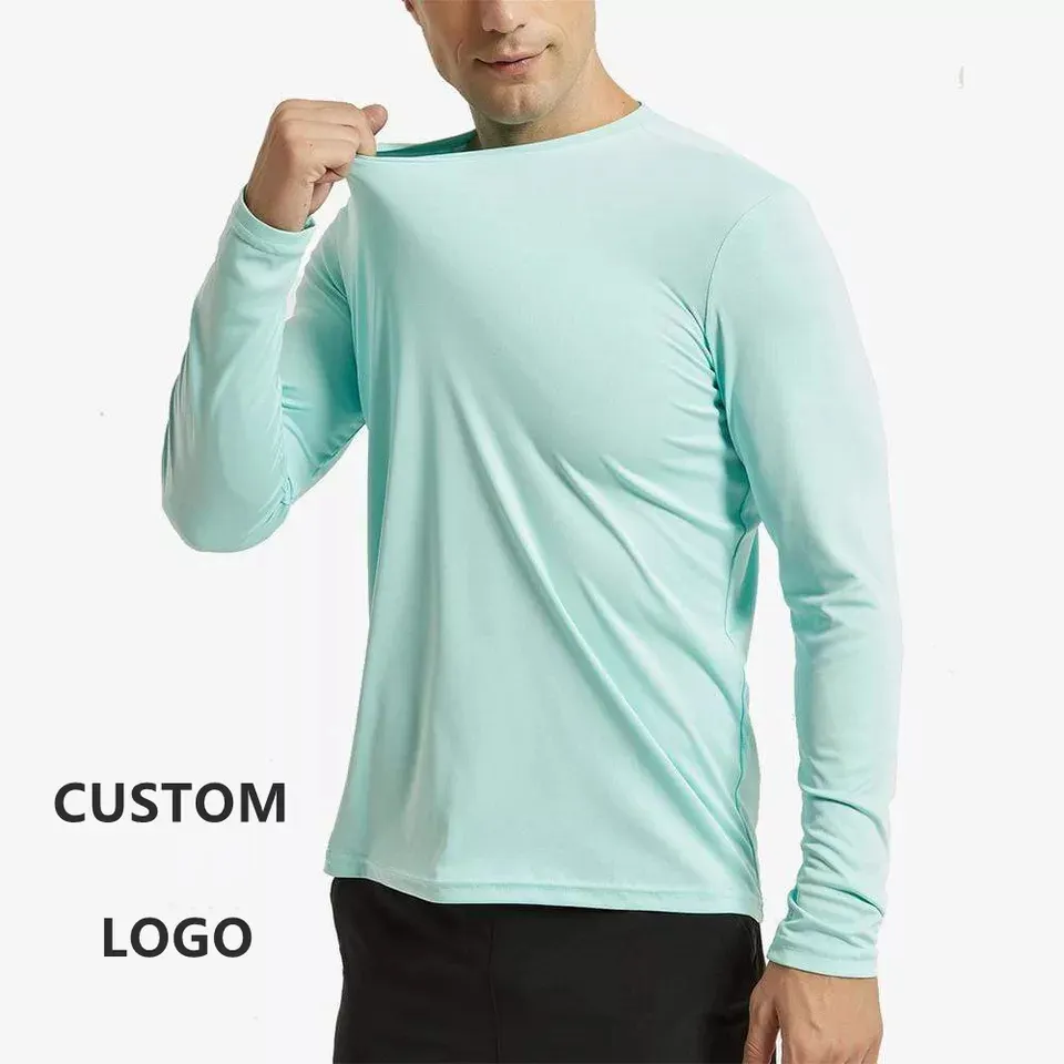 Özel spor mikrofiber yuvarlak boyun uzun kollu erkek t-shirtü ve kadınlar Unisex