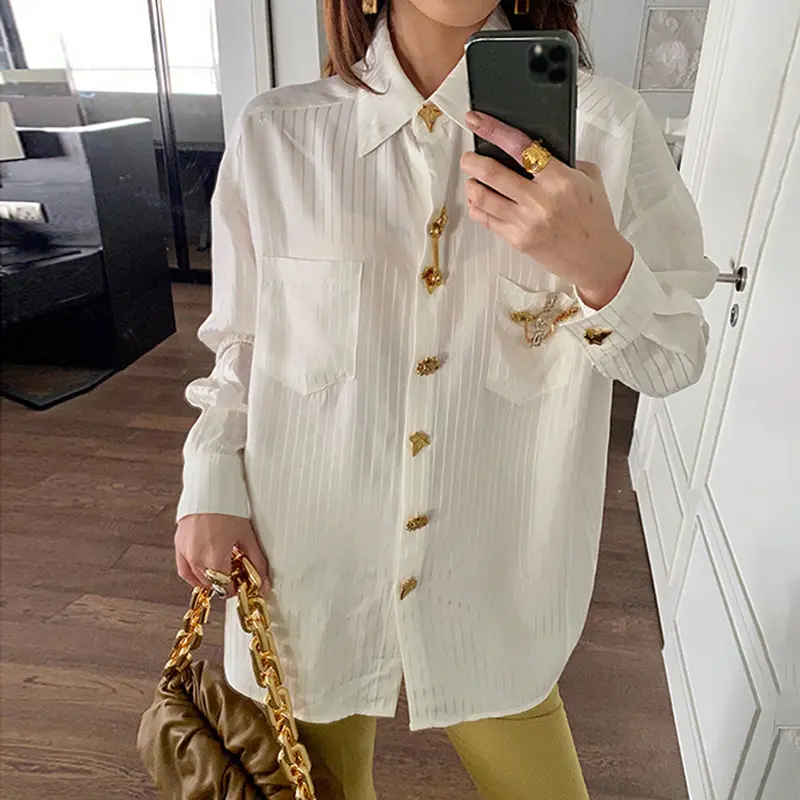 classic cardigan women's top 2023 spring new striped metal buckle lapel loose style temperament shirt
