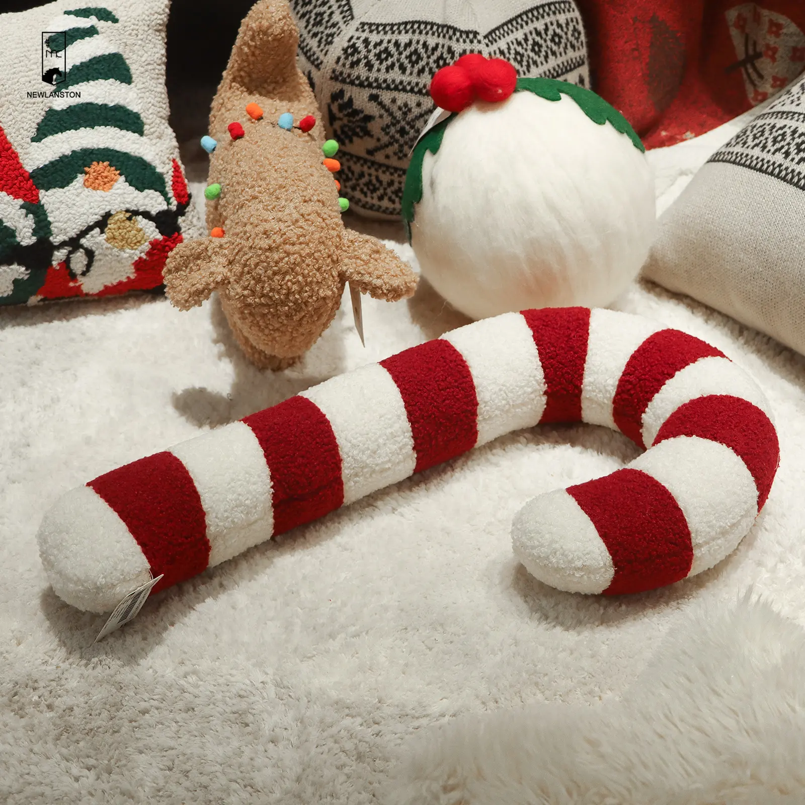 2024 Merry Christmas Gift Soft Cozy Teddy Fleece Candy Cane Shape Pillow Cushions For Home Decorative