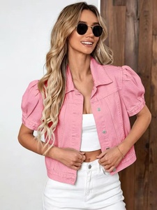 Chaqueta vaquera de <span class=keywords><strong>manga</strong></span> corta para mujer, estilo cropped con botones frontales, de mezclilla lavada, con mangas abullonadas, informal, para verano, a la moda. - Product Image 6