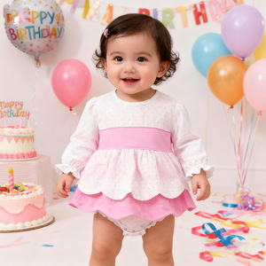 겨울 핑크 스위스 도트 두 프릴 아기 옷 세트 모노그램 생일 면 신생아 소녀 버블 장난 꾸러기 - Product Image 3