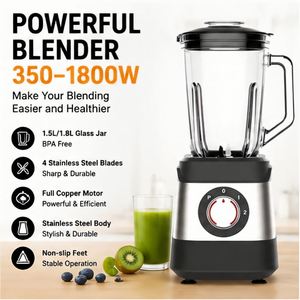 Nueva Licuadora de Mesa Eléctrica Automática de 350-1800W y 5 Velocidades, Vaso de Vidrio de 1.5L, Carcasa de Acero Inoxidable, para Preparar Smoothies - Product Image 1