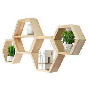 Wooden Hexagonal Wall <b>Shelf</b> Set Of Four Geometric Storage For Living Room And <b>Bedroom</b> Decoration - Product Image 1