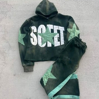 Ensemble 2 pièces : Sweat à capuche court avec applique étoile et bords effilochés style grunge, en molleton épais, et pantalon ample à jambe large avec taille élastique