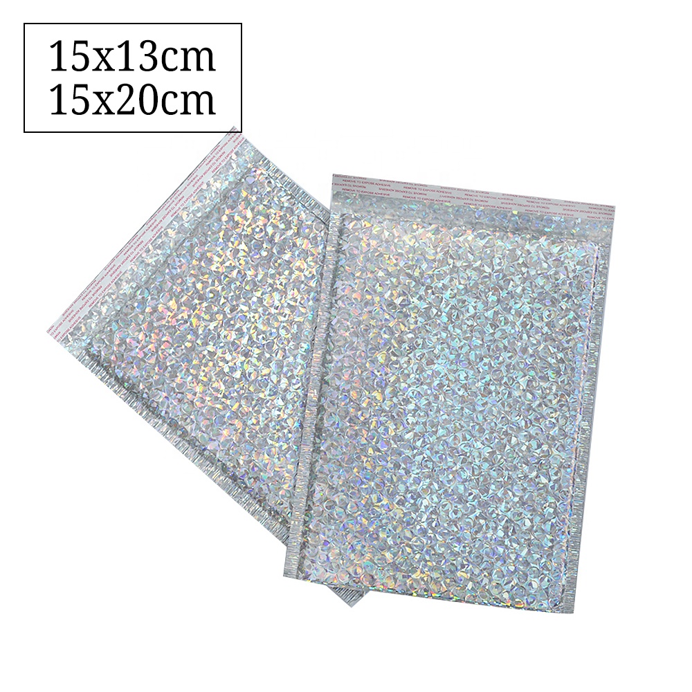 Маленькие голографические пакеты для почтовых отправлений с логотипом на заказ, декоративные радужные голографические конверты из металлической фольги