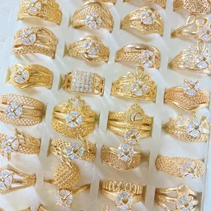 Grosir murah cincin perhiasan kuningan Dubai 18k cincin pernikahan berlian modis berlapis emas untuk wanita