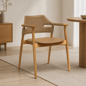 Modern Style Solid OAK Wood Frame Artificial Walnut Color Leather Seat Armchair <b>Dining</b> <b>Chair</b> for Home Office Apartment - Product Image 1