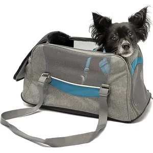 宠物反光航空公司认可耐用透气可折叠软边网眼户外宠物单肩手提包
