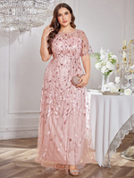 Grande taille Chic col rond paillettes broderie Patchwork robe évasée maille couleur impression élégante formelle femmes a-doublé robe de soirée