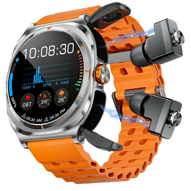 2-in-1 Smart Watch for Men Round Shape with Hidden TWS Earbuds Heart Rate Monitor Waterproof IP67 Fitness Ports Smart Watch