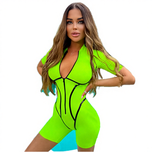 Combinaisons moulantes en tricot d'été hautement élastiques pour femme, fermeture éclair, coupe ajustée, manches courtes, barboteuse sportive décontractée, streetwear - Product Image 2